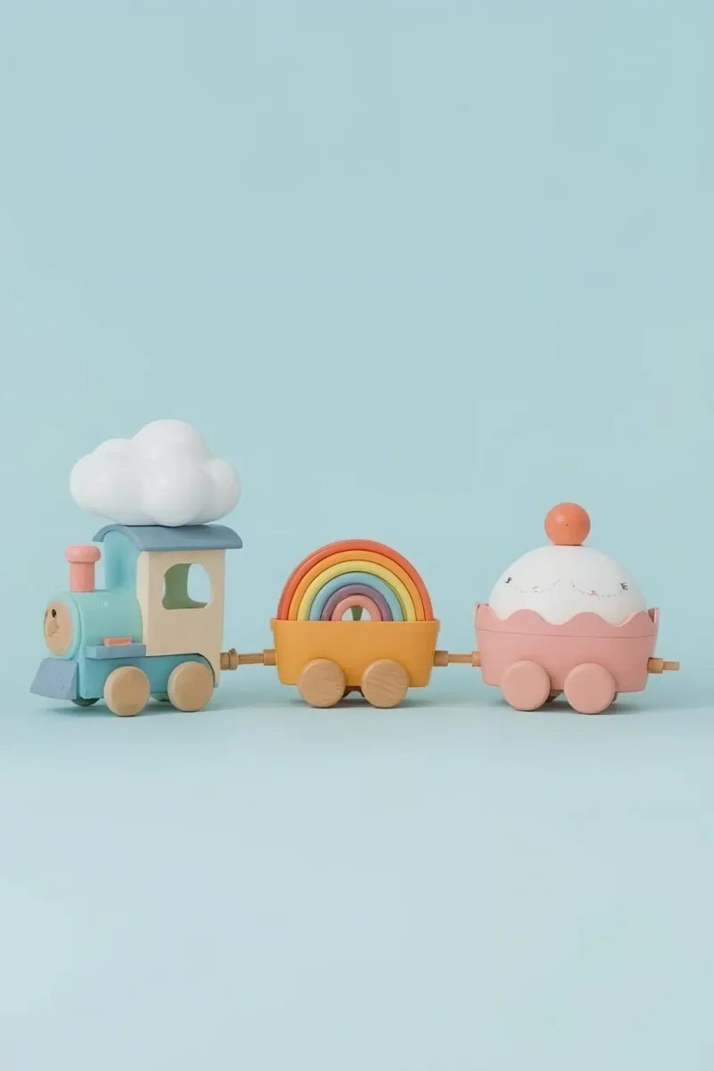 Simpatico trenino di legno con nuvola arcobaleno e macchinine cupcake tela con Cornice a cassetta da DesignDoodle