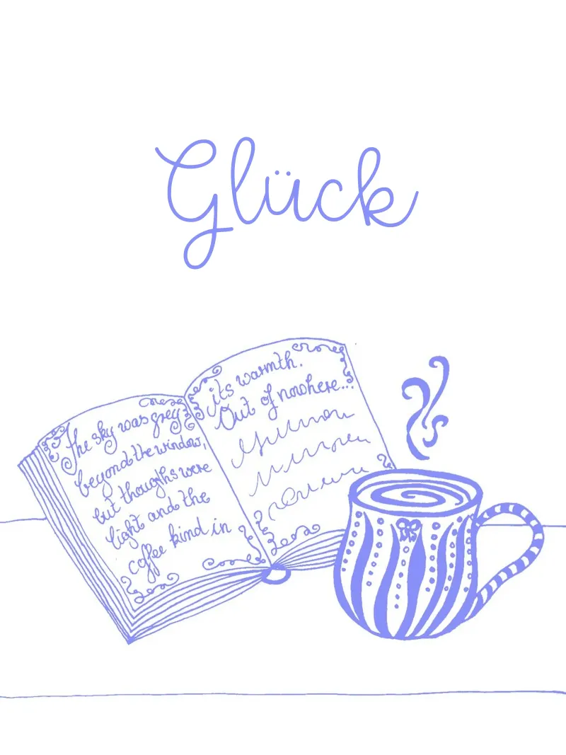Felicità - libro e tazza (blu-viola) poster con telaio in plastica da PaperLine Art