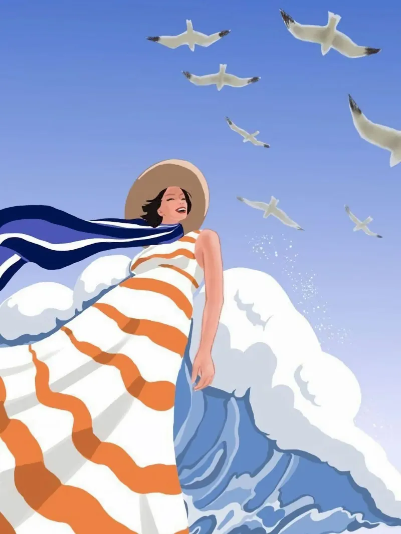 girl in wave ocean with bird poster con telaio in alluminio da huminity