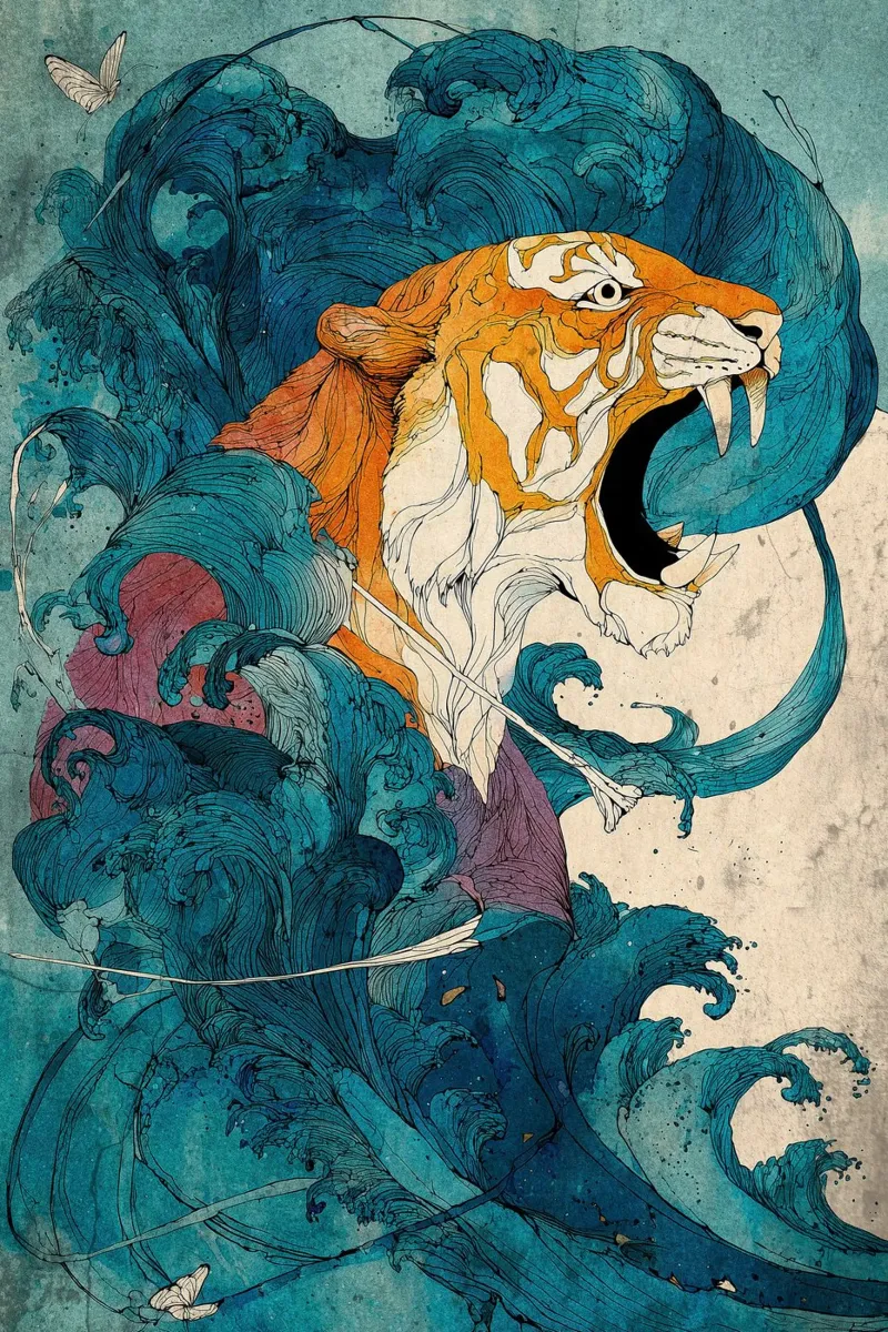 Tiger of the Rising Tide canvas with Floater frame by Qimstudio