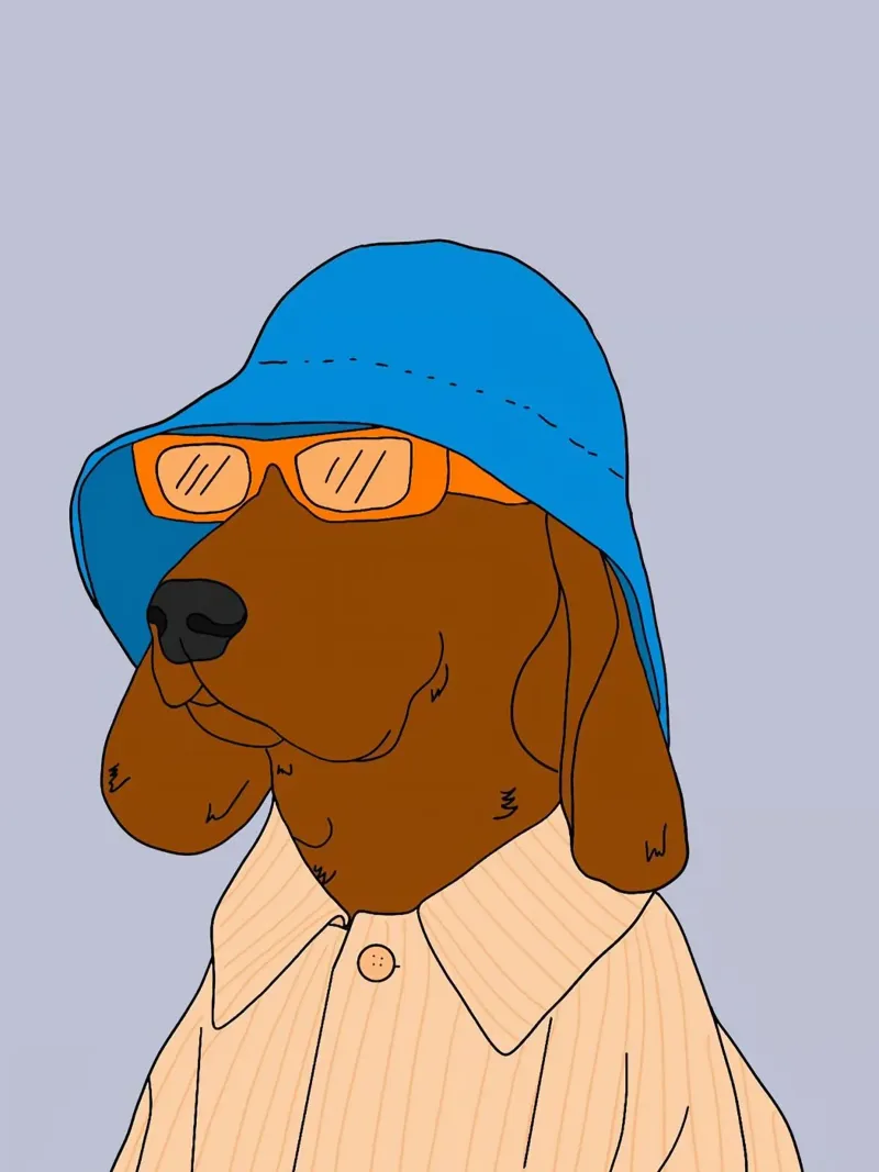 dog cool in blue hat poster con telaio in alluminio da comura