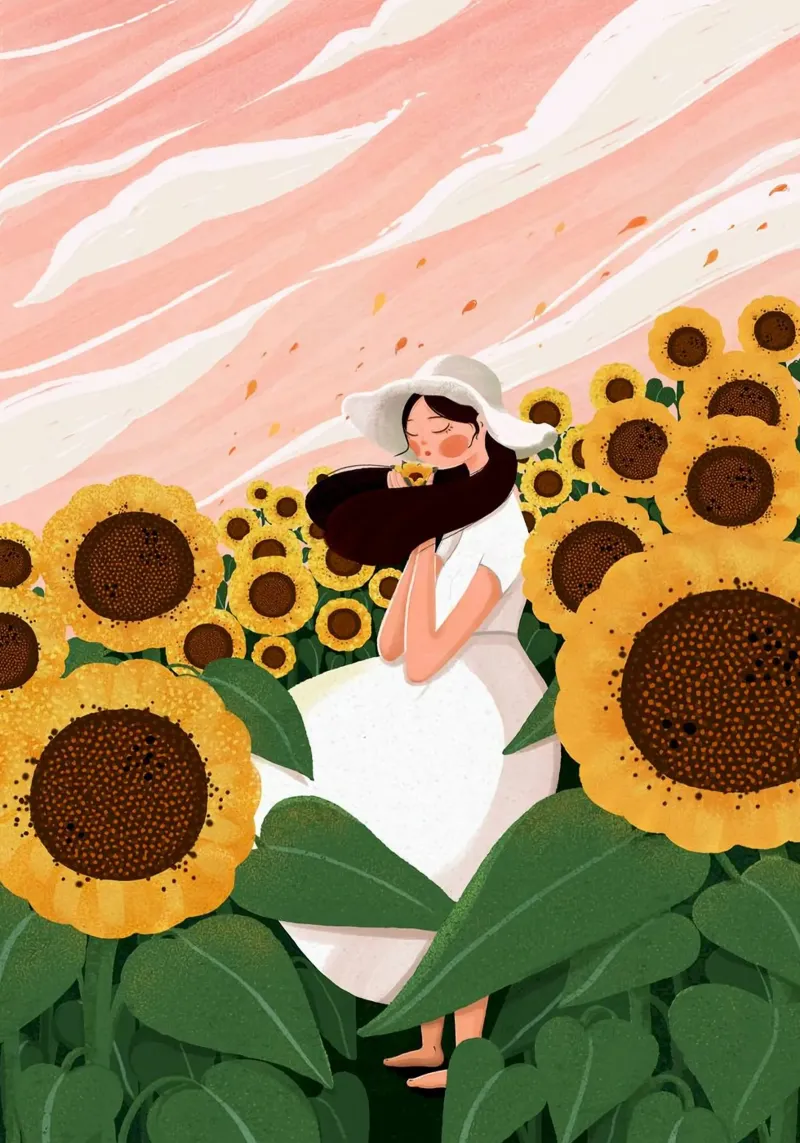 chill girl in sunflower forest canvas met Baklijst van comura