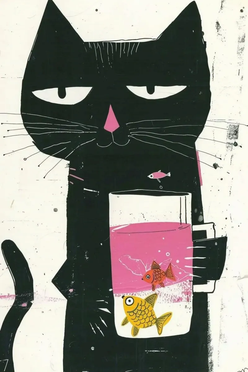 cat with fish cup poster con telaio in alluminio da mardaven