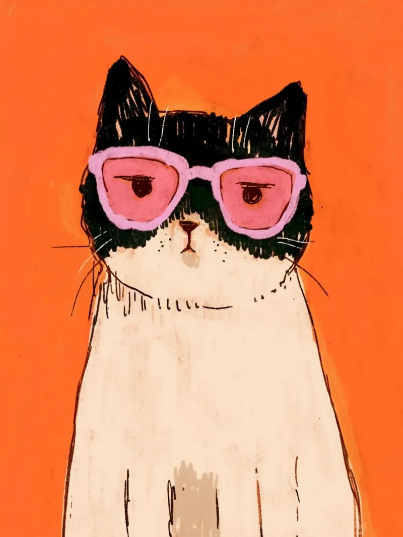 cat with pink glasses in orange shade tela con Cornice a cassetta da sophiaz
