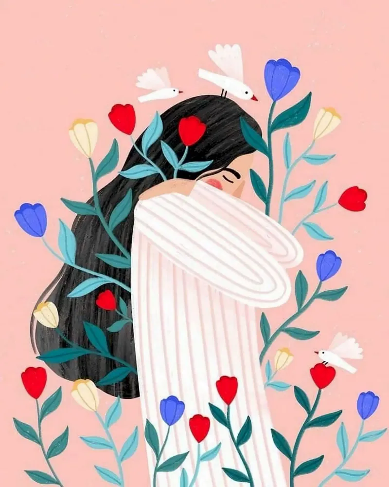 girl with bird and flower poster con telaio in legno da mardaven