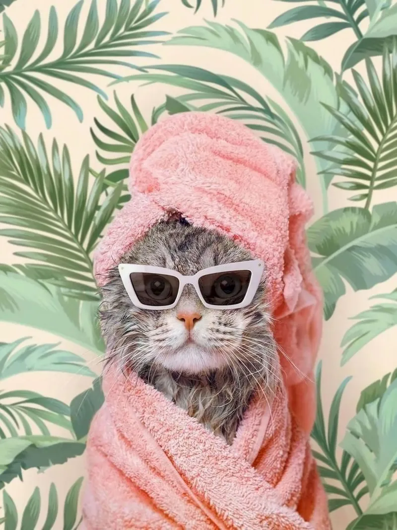 cat with bath towel poster con telaio in legno da mardaven