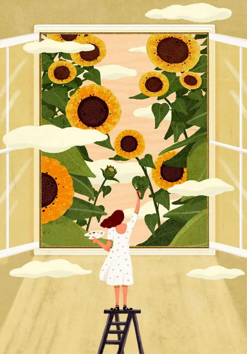 girl caring sunflower in window poster con telaio in legno da vicgaler