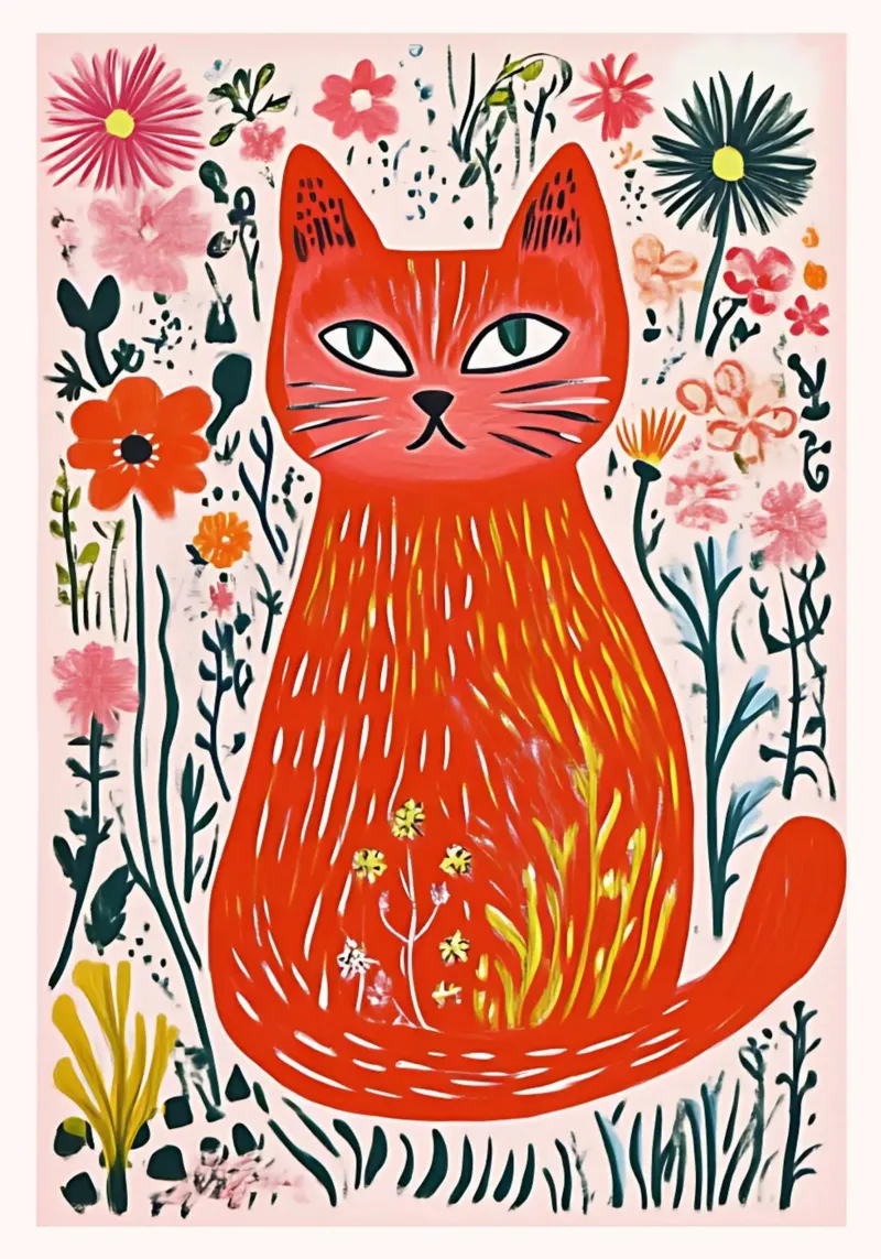 Moderne Volkskunst Kat Bloemen Print, Abstract canvas met Baklijst van vintagepod
