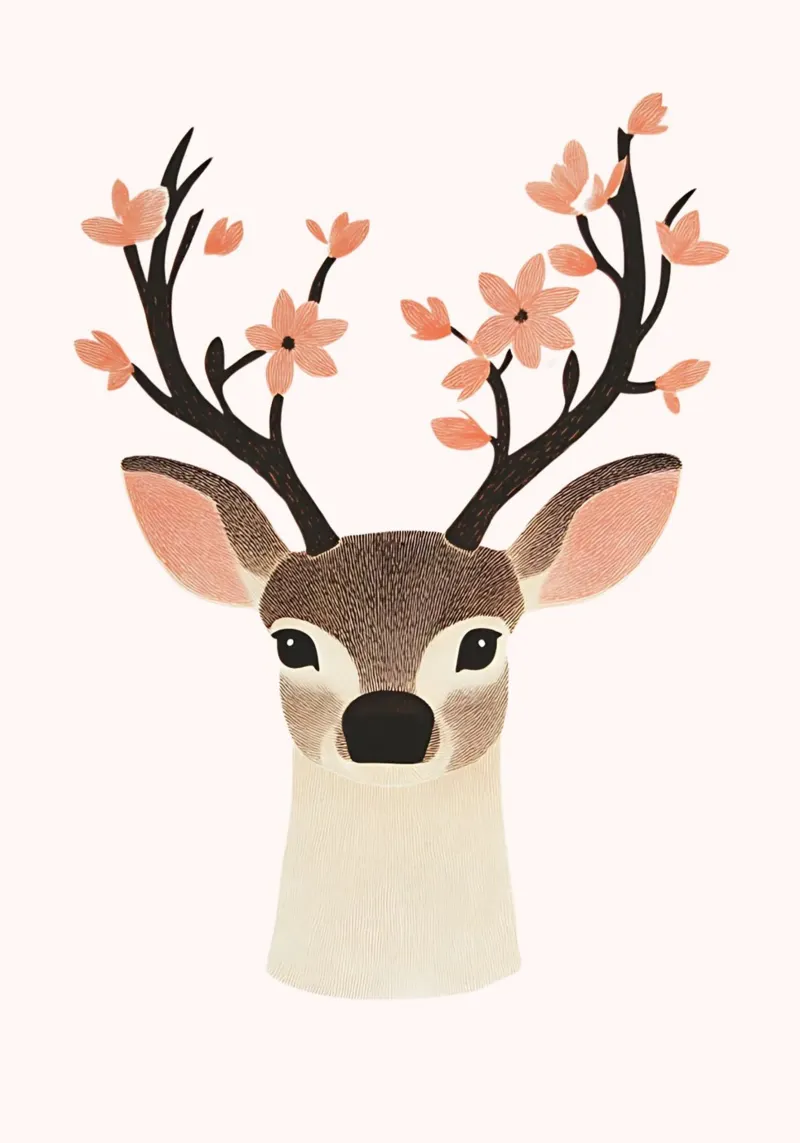 Stampa d'arte floreale con testa di cervo, decorazione moderna del bosco poster da vintagepod