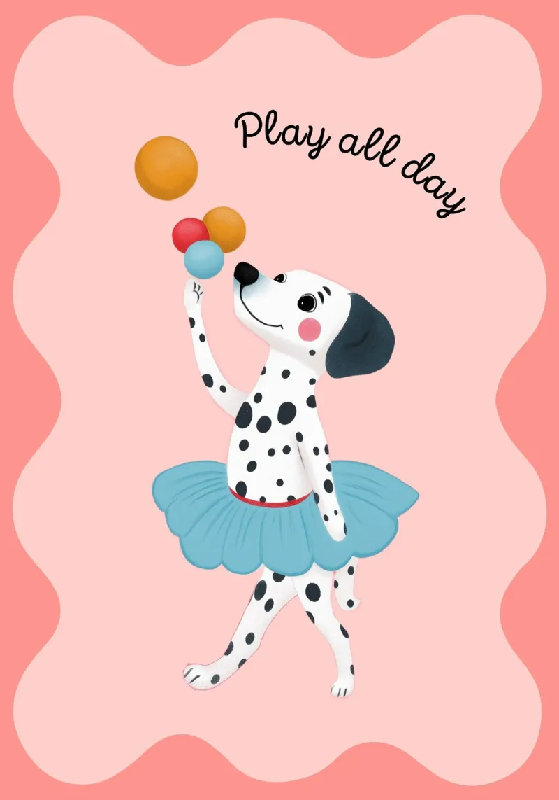 Jonglerende dalmatiër "Play All Day" Art Print poster met houten frame van vintagepod