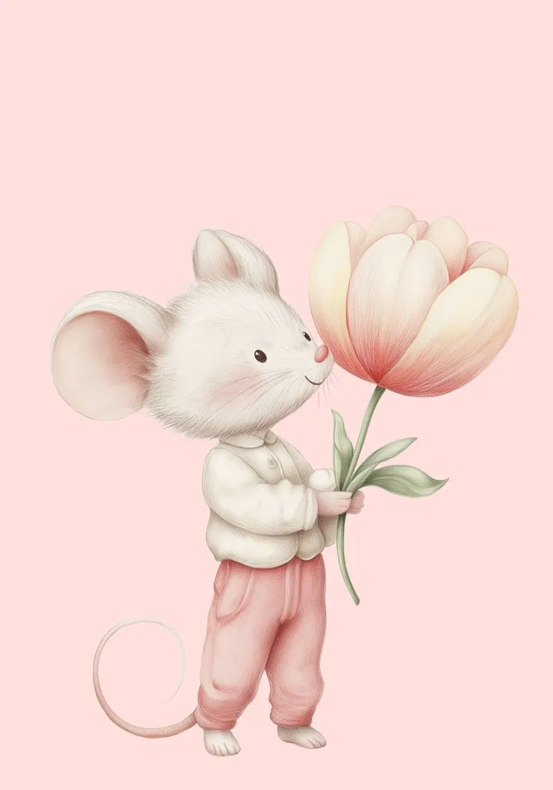 Schattige Muis met Roze Tulp, Grillige Kunstdruk canvas met Baklijst van vintagepod