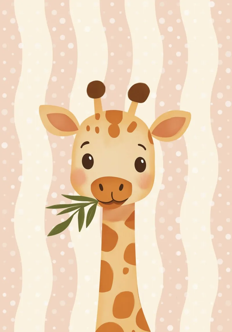 Giraffa carina con foglie, arte vivaistica kawaii poster con telaio in legno da vintagepod