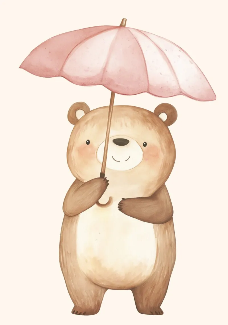 Stampa d'arte di un simpatico orso con ombrello rosa tela con Cornice a cassetta da vintagepod