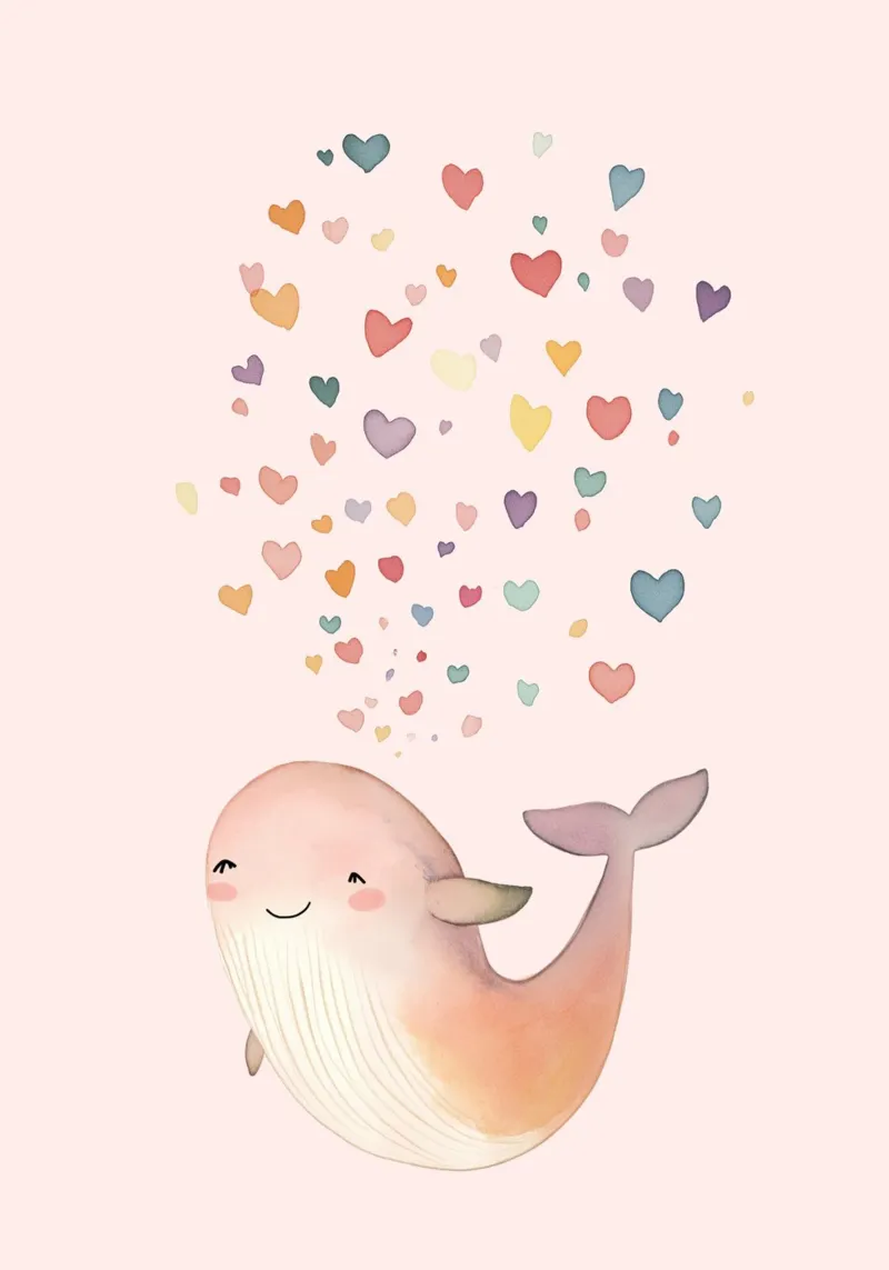 Baleine mignonne avec des cœurs, aquarelle kawaii toile avec Caisse américaine de vintagepod