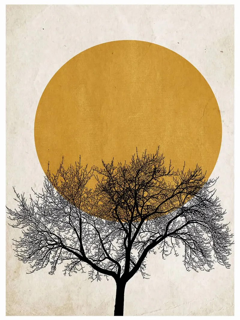 Poster astratto minimalista con albero e sole poster con telaio in legno da maluniq