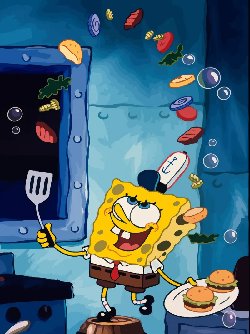 Spongebob is making a burger Leinwand mit Schattenfugenrahmen von Dumery Art