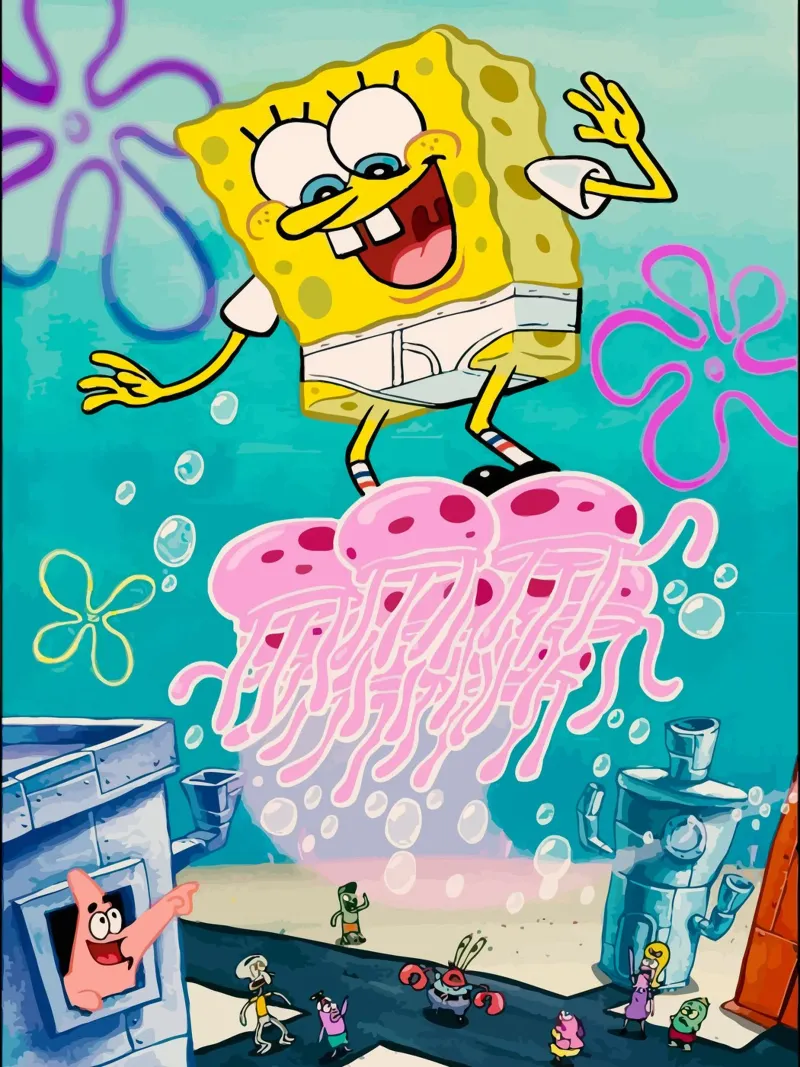 Spongebob riding a jellyfish canvas met Baklijst van Dumery Art