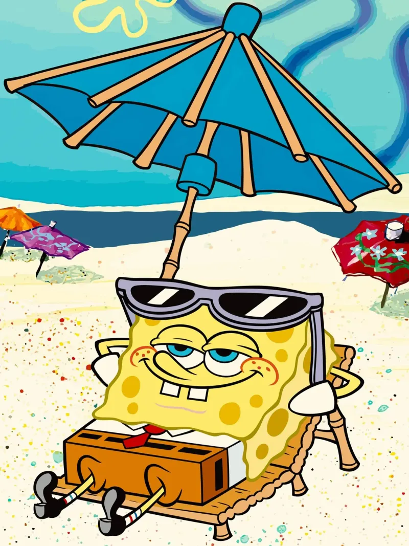 SpongeBob relaxing under an umbrella Leinwand mit Schattenfugenrahmen von Dumery Art