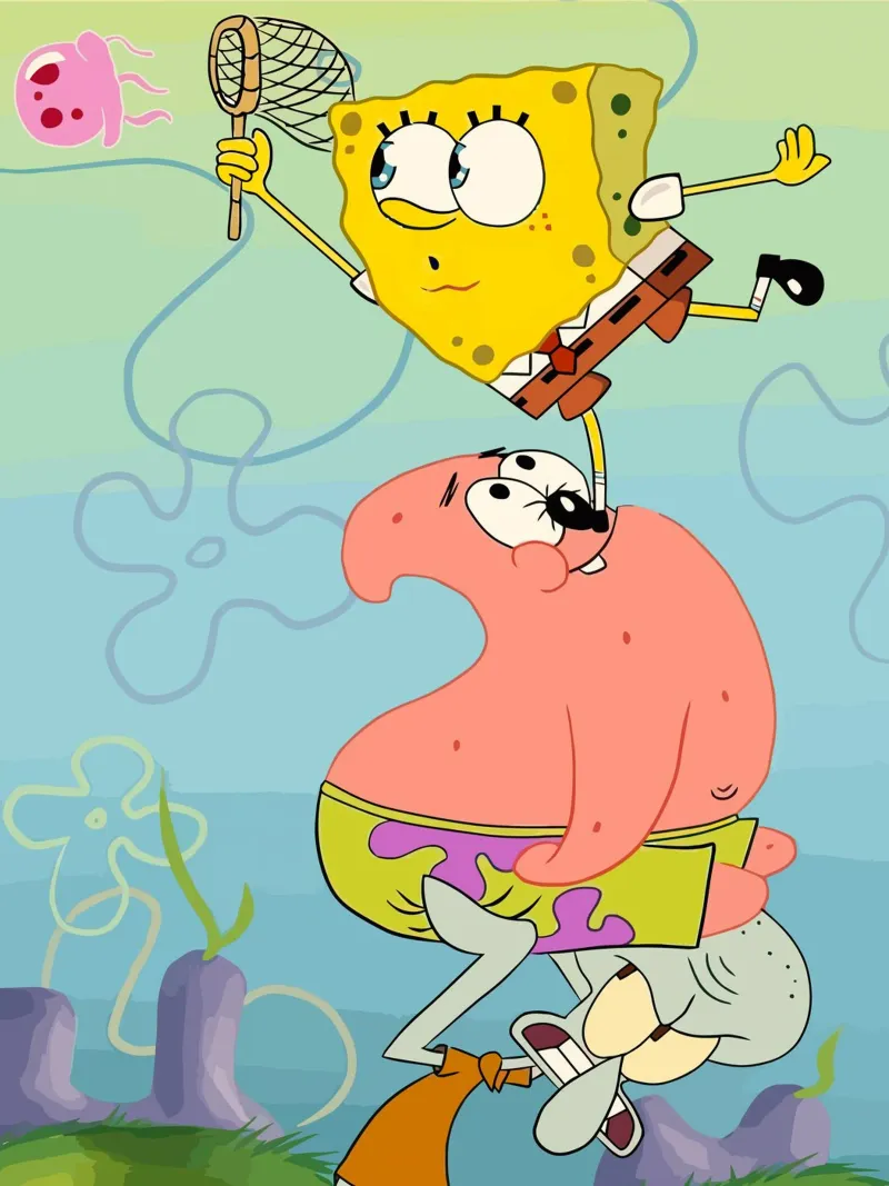 SpongeBob, Patrick, and Squidward work together to catch je tela con Cornice a cassetta da Dumery Art