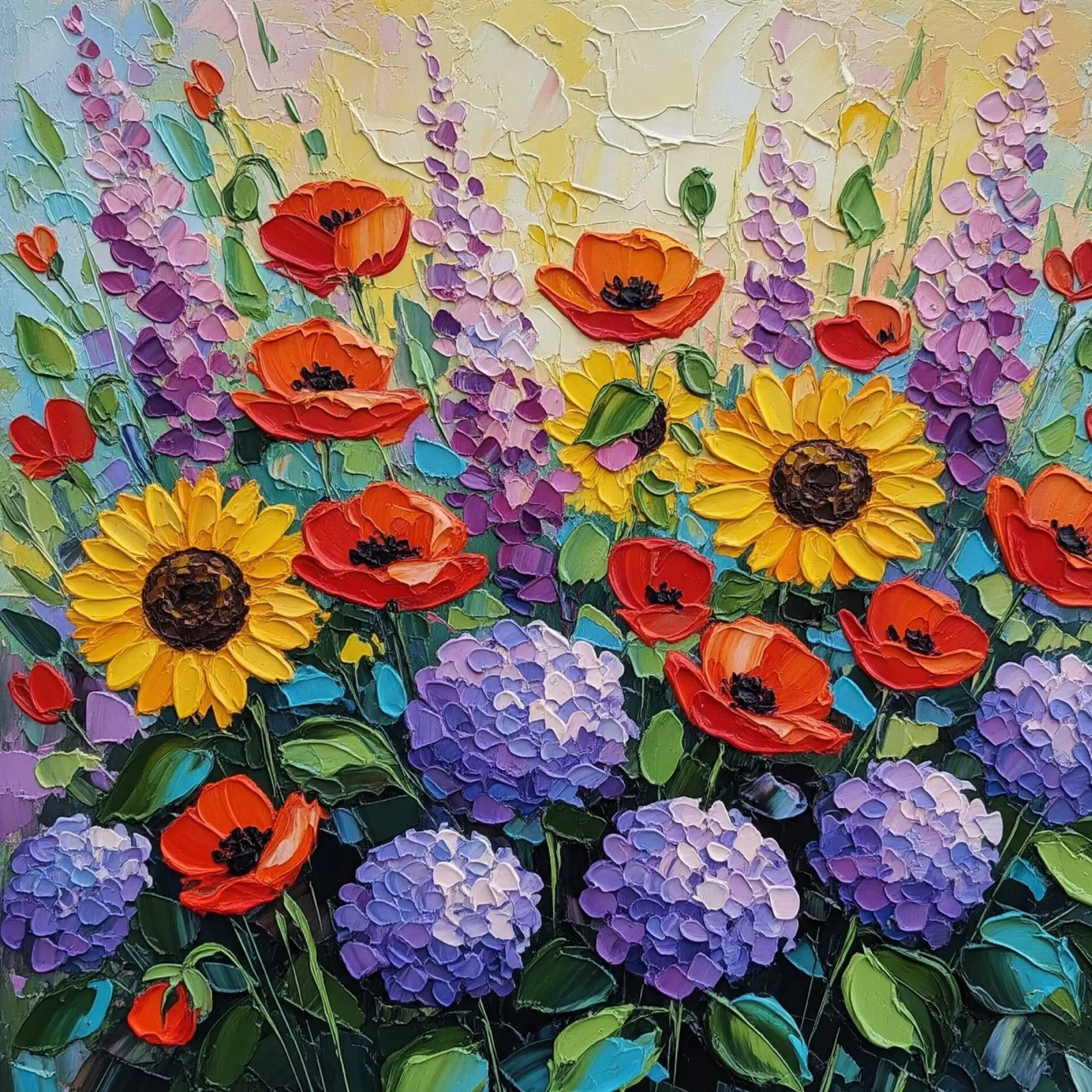 Prato floreale strutturato: papaveri e girasoli vibranti tela con Cornice a cassetta da Artistic-shop