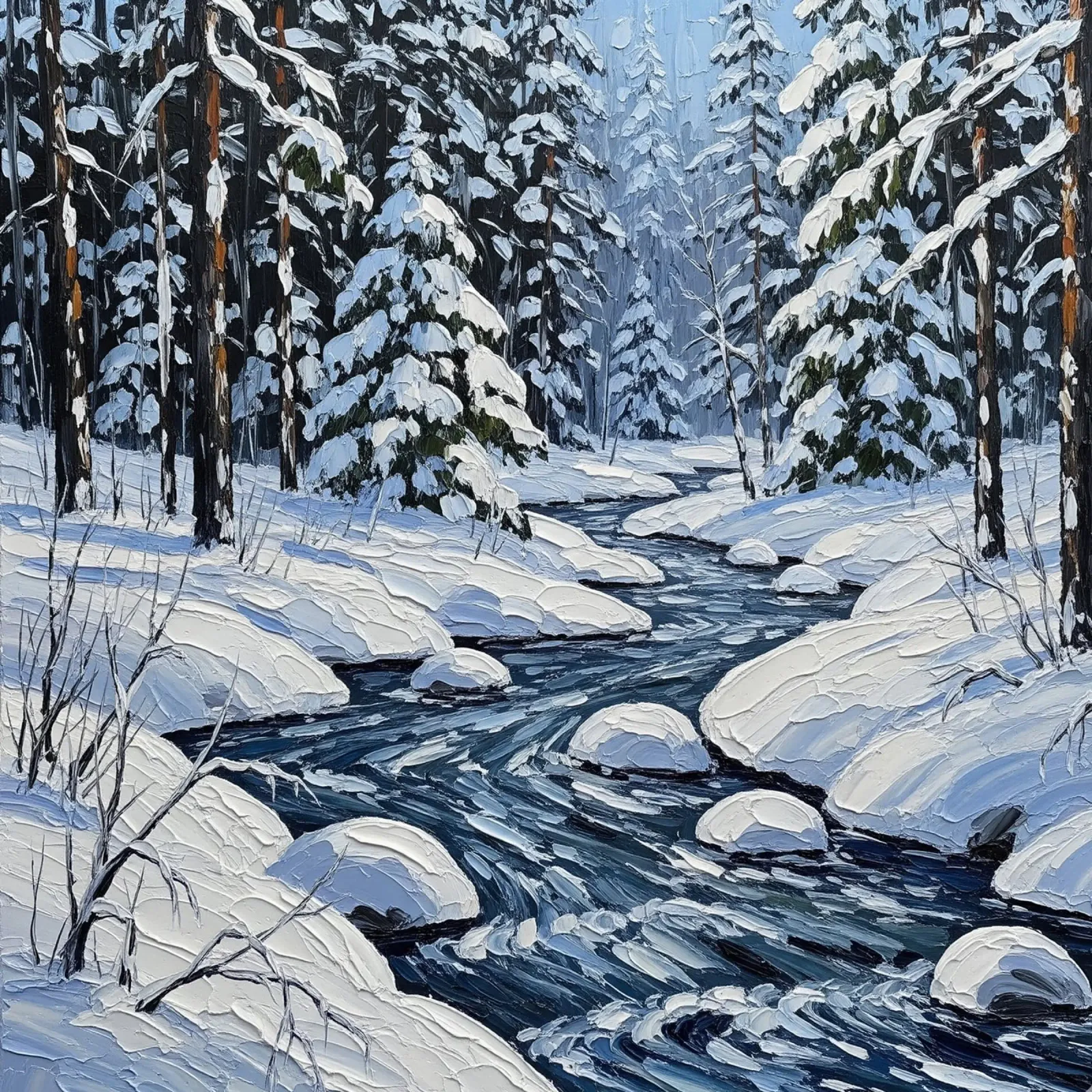 Ein strukturiertes impressionistisches Gemälde einer heiteren verschneiten Landschaft Leinwand mit Schattenfugenrahmen von Artistic-shop