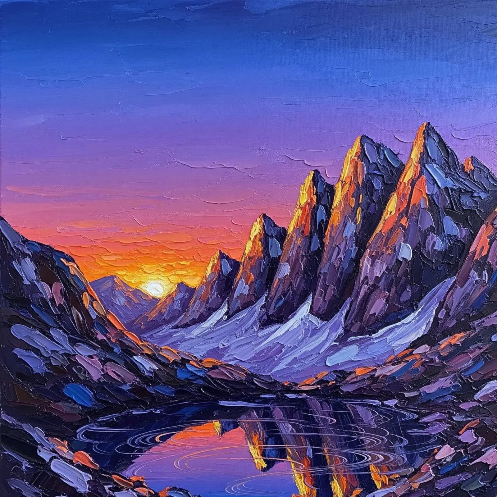 Radioso tramonto alpino: Un capolavoro impressionista dalla texture intensa poster da Artistic-shop