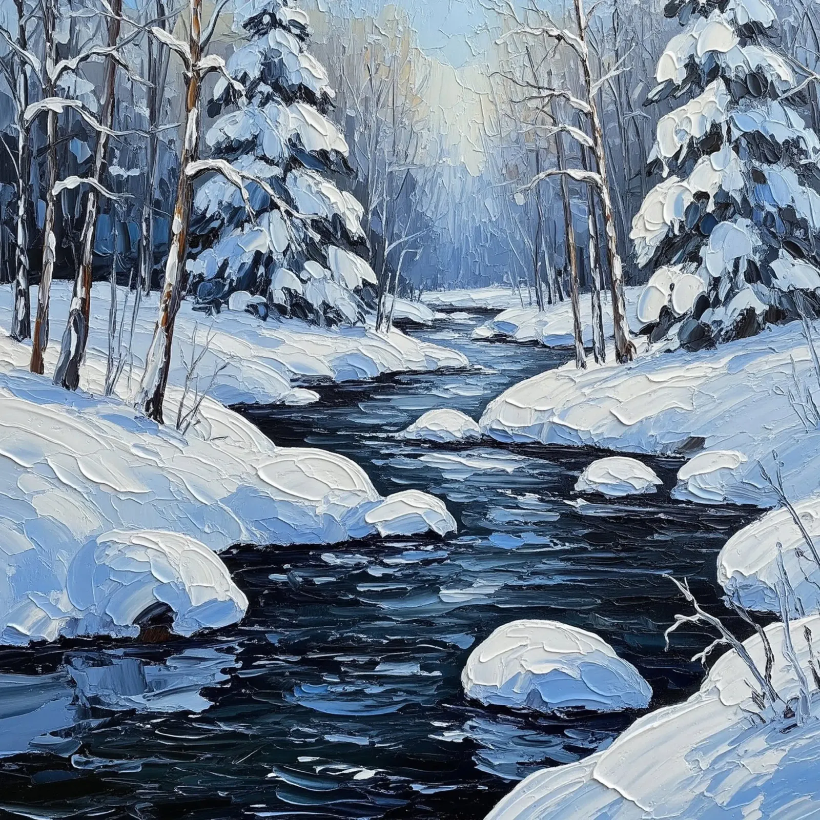Serenità invernale: Pittura a olio di una foresta innevata S tela con Cornice a cassetta da Artistic-shop