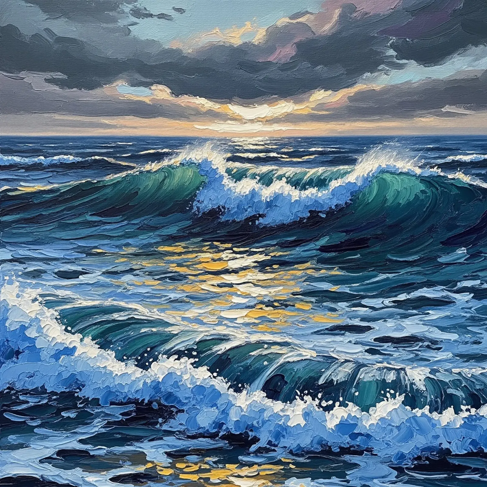 Azurblaue Tiefen und goldene Kämme: Eine strukturierte Meereslandschaft von Dynam Leinwand mit Schattenfugenrahmen von Artistic-shop