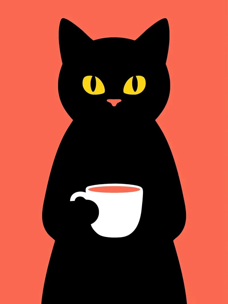 Gatto nero con tazza di caffè poster con telaio in legno da Arjun