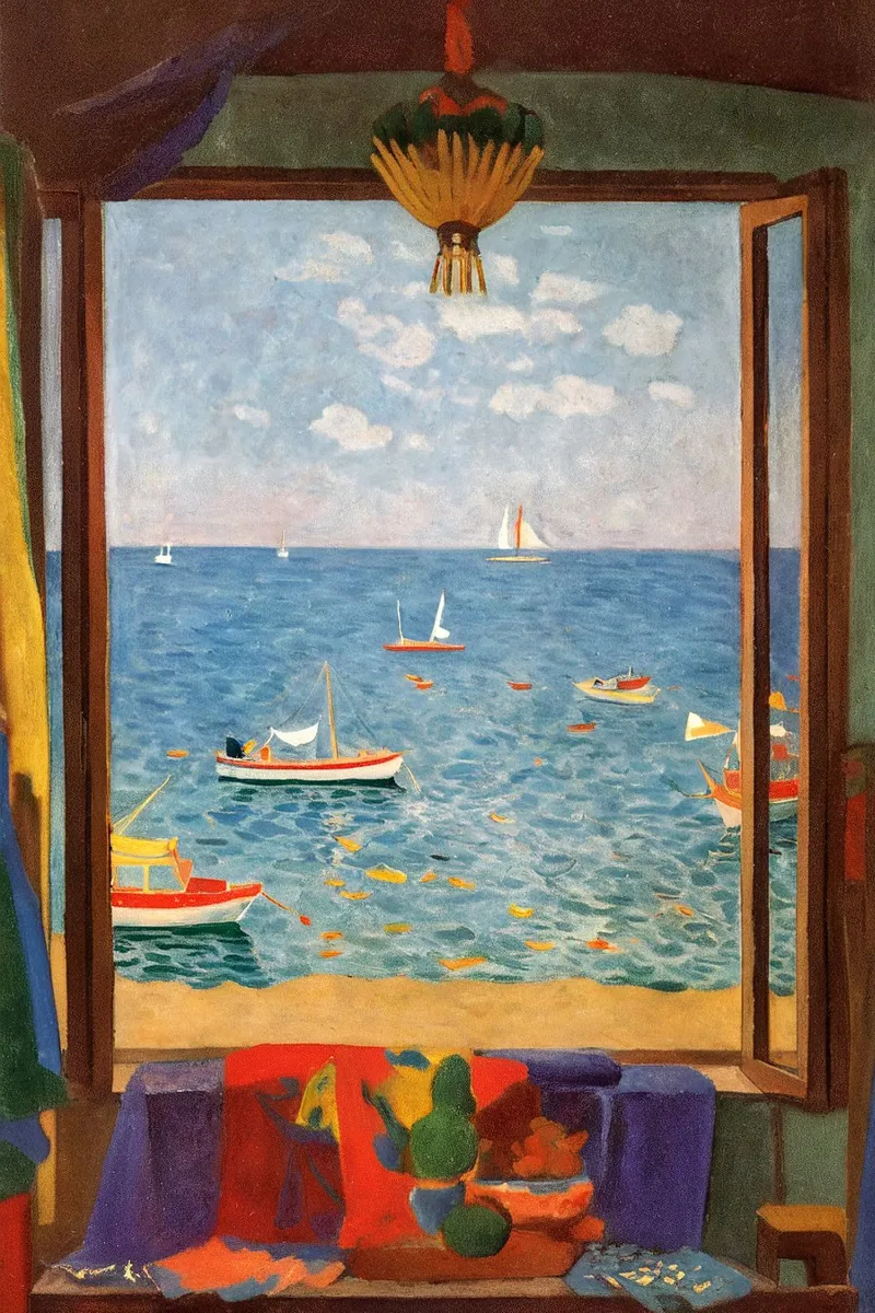 Sea view - Mediterranean window poster with sailing boats canvas with Floater frame by Studio Sori