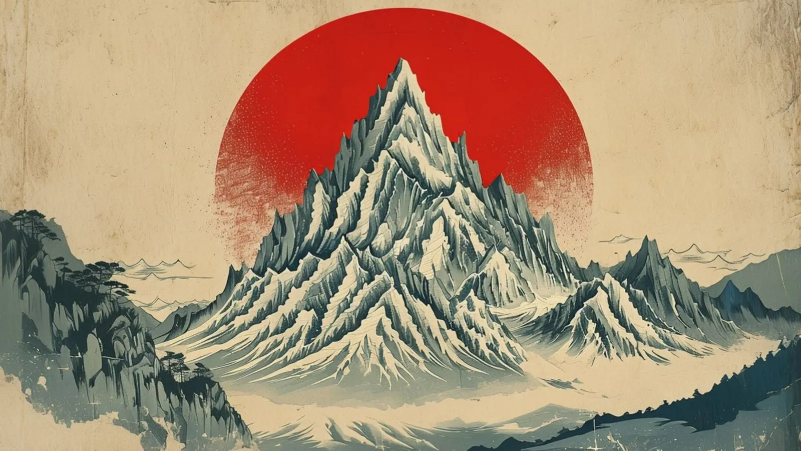 De berg Fuji en de rode zon: Een sereen Japans landschap canvas met Baklijst van Artistic-shop