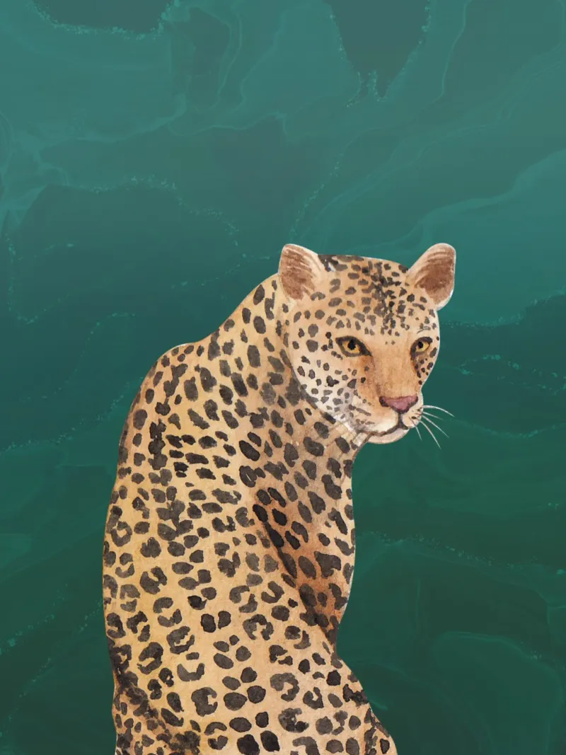 Smaragdgrüne Wandkunst, Leopardendruck, Tier-Wandkunst Poster mit Aluminium Rahmen von Boheme