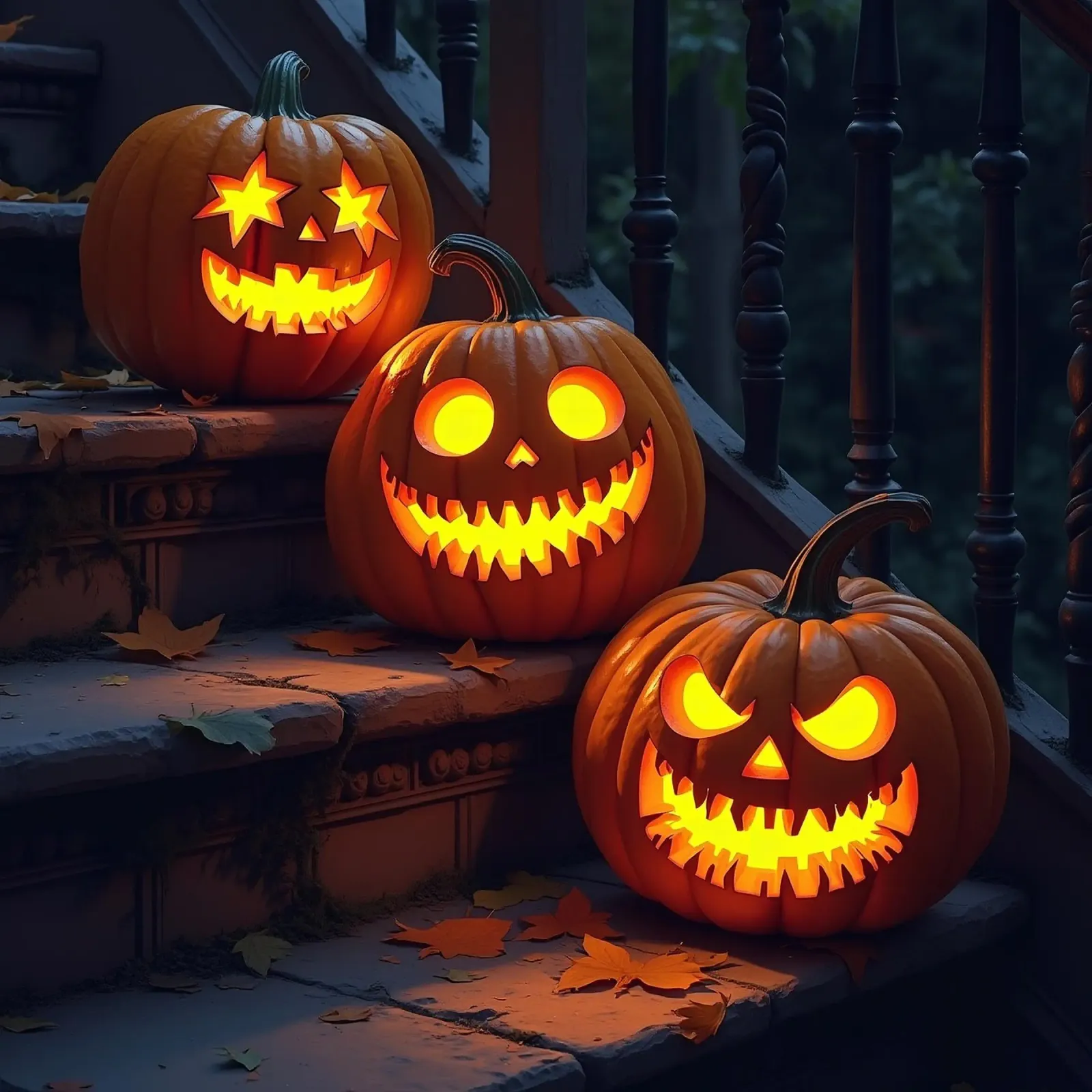 Halloween_tre zucche sulle scale_3 tela con Cornice a cassetta da Fantasie & Mystikwelten by LK