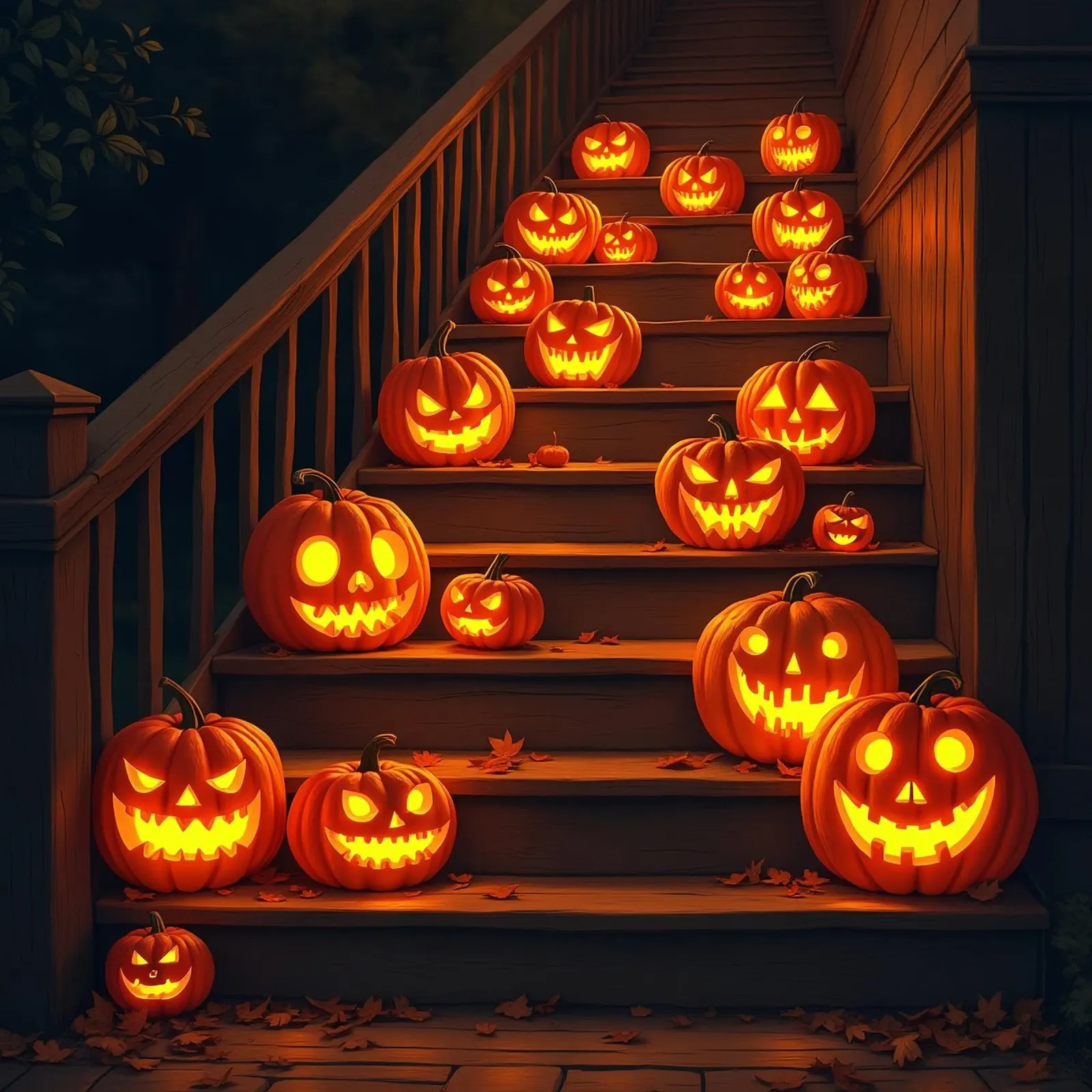Halloween_calabazas en las escaleras_2 lienzo con Marco flotante de Fantasie & Mystikwelten by LK