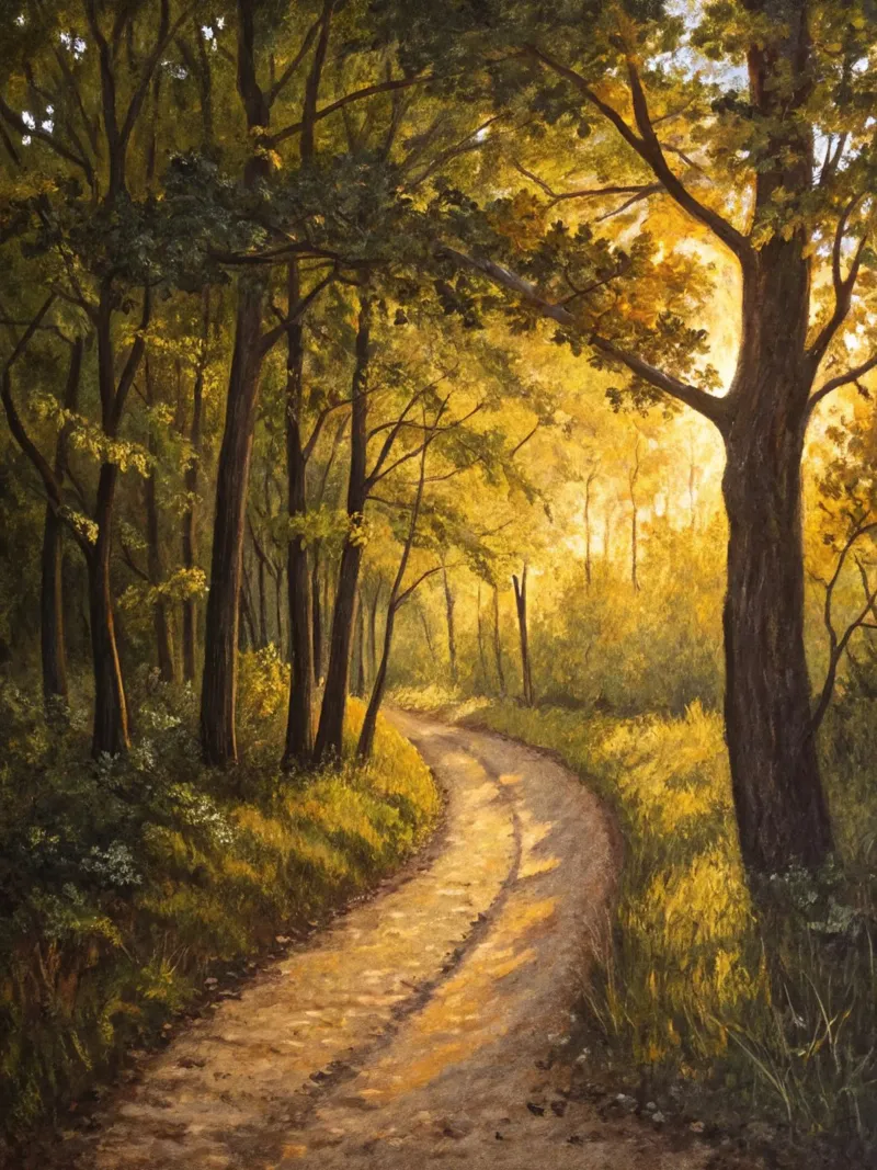 Il sentiero d'oro al crepuscolo: Un viaggio sereno attraverso un'area illuminata dal sole. tela con Cornice a cassetta da Artistic-shop