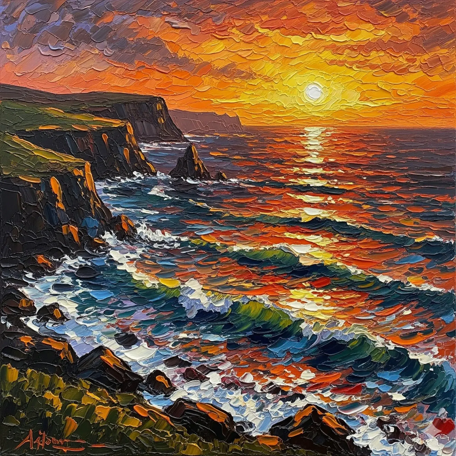 Sunset Cliffs: A Textured Impasto Seascape canvas by Artistic-shop