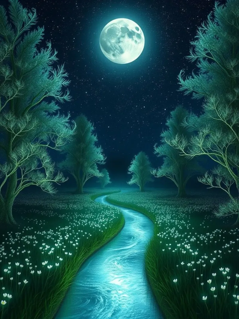 Serenità al chiaro di luna: Un'insenatura luminosa attraverso un bosco sussurrante poster con telaio in plastica da Artistic-shop
