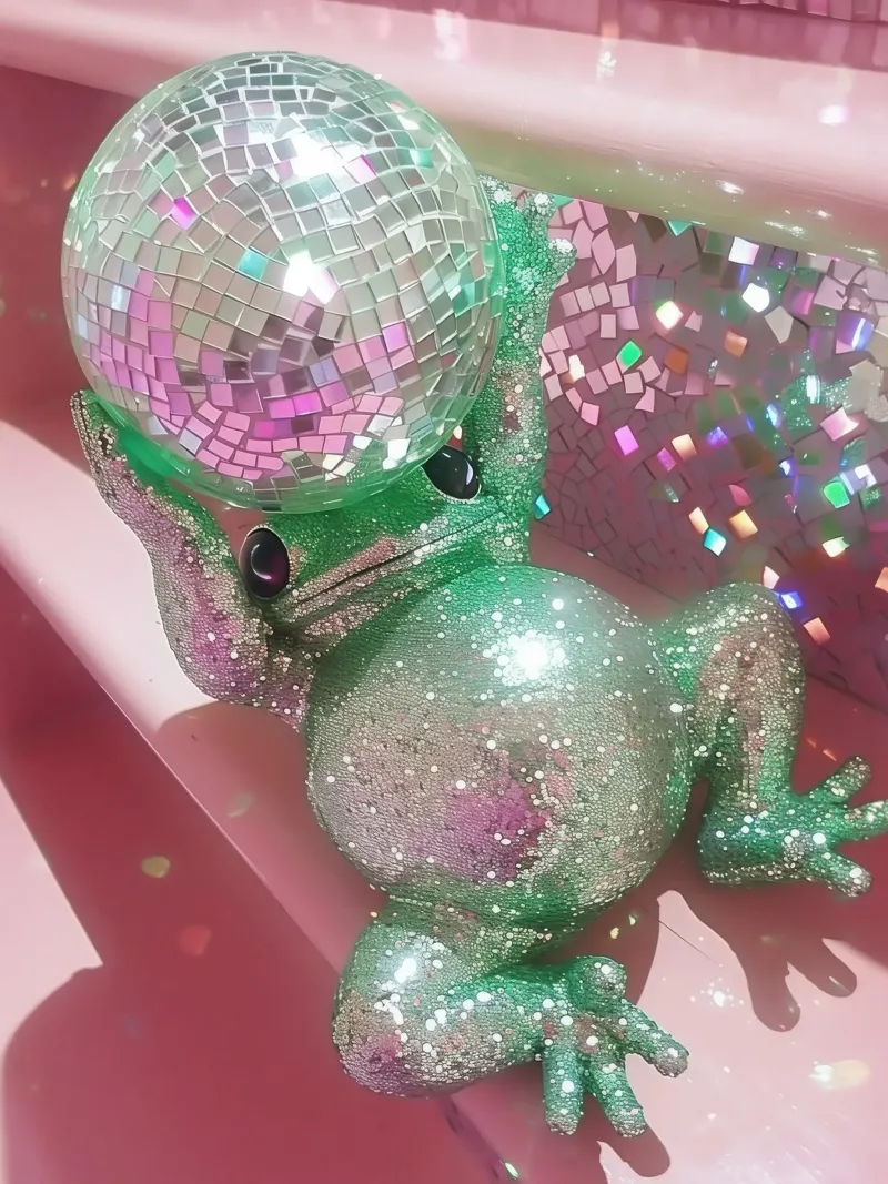 Rana rosa glitterata con palla da discoteca Y2K Cool Cute Funky 90S poster con telaio in legno da Gentle Echoes Art