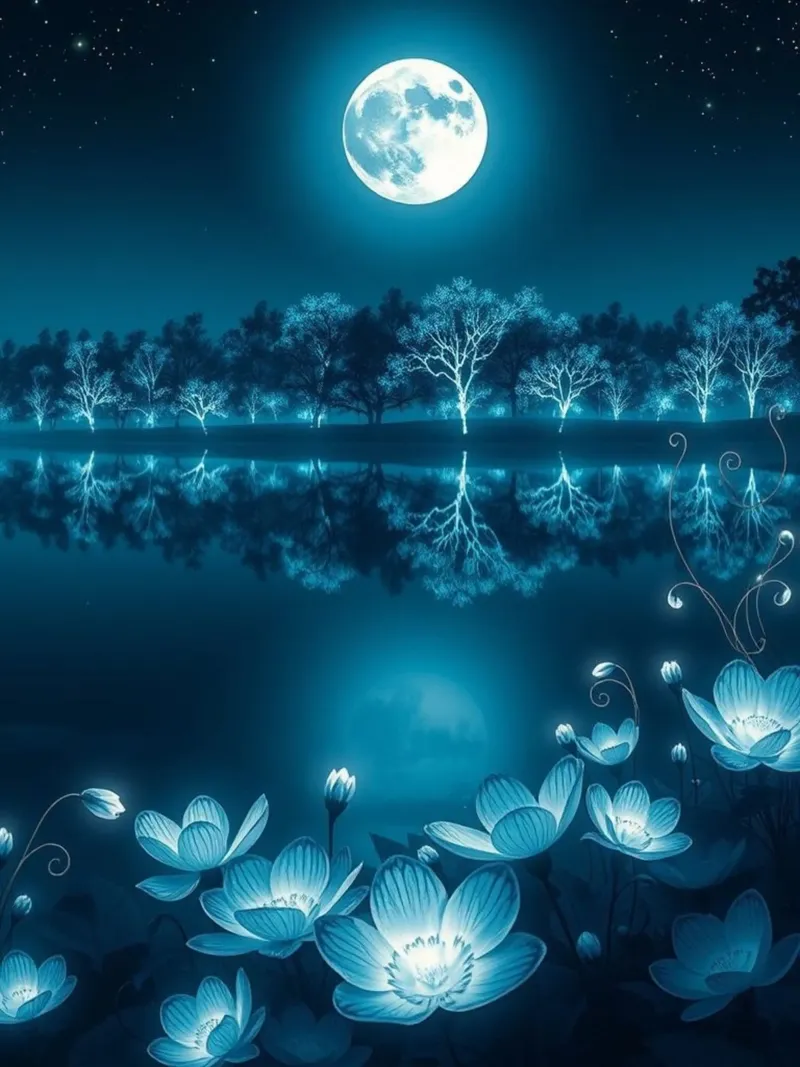 Serenità di mezzanotte: Un lago luminoso al chiaro di luna con Lotu incandescente poster con telaio in legno da Artistic-shop