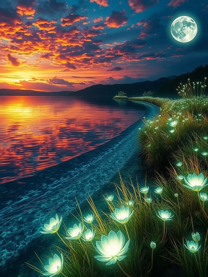 Eterea luce lunare sulla riva delle ninfee: Un sereno crepuscolo poster con telaio in plastica da Artistic-shop