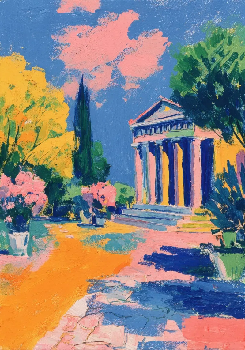 Tempio greco pastello a guazzo poster con telaio in plastica da Nikis Art Studio