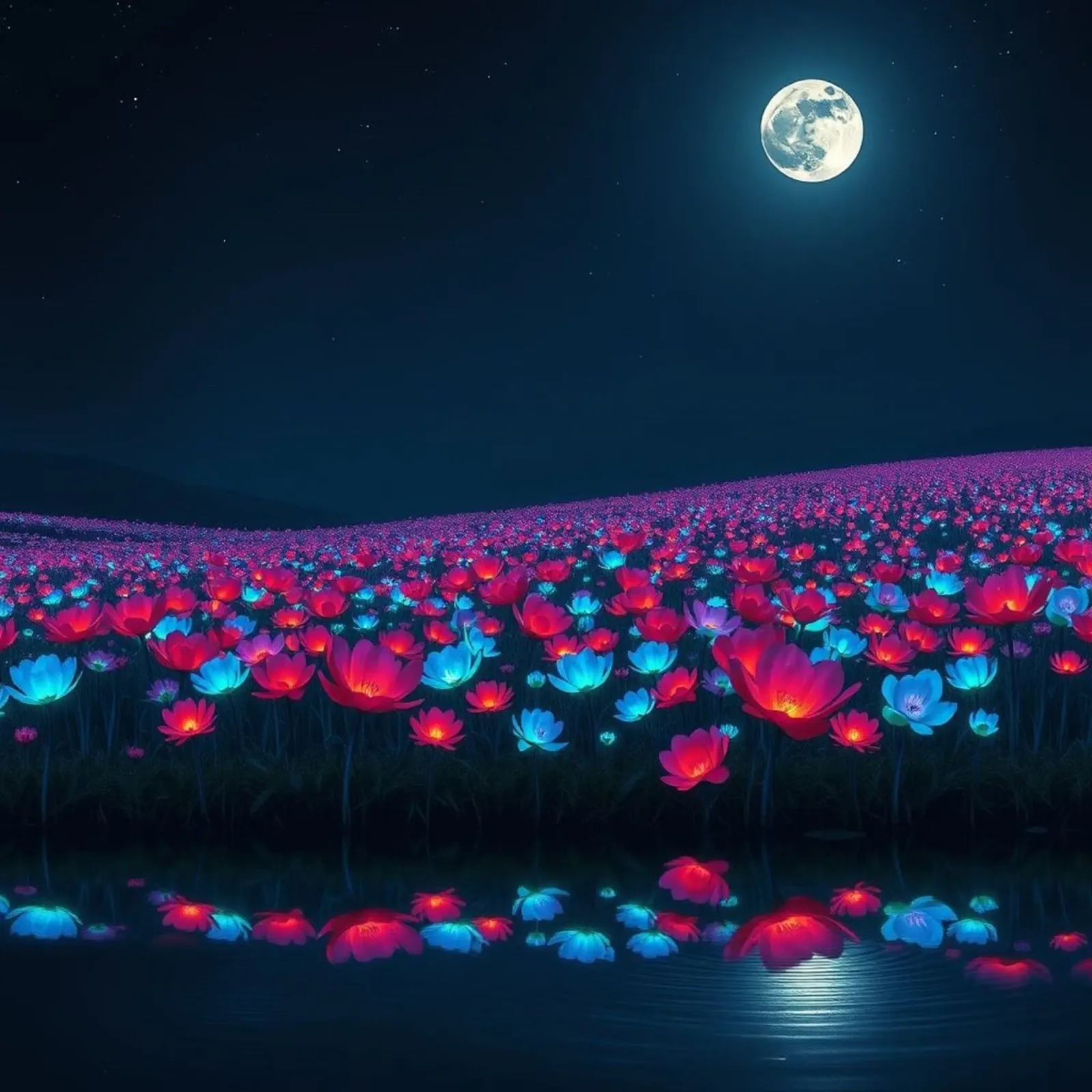 Un campo luminoso di fiori bioluminescenti sotto la luna piena poster con telaio in plastica da Artistic-shop