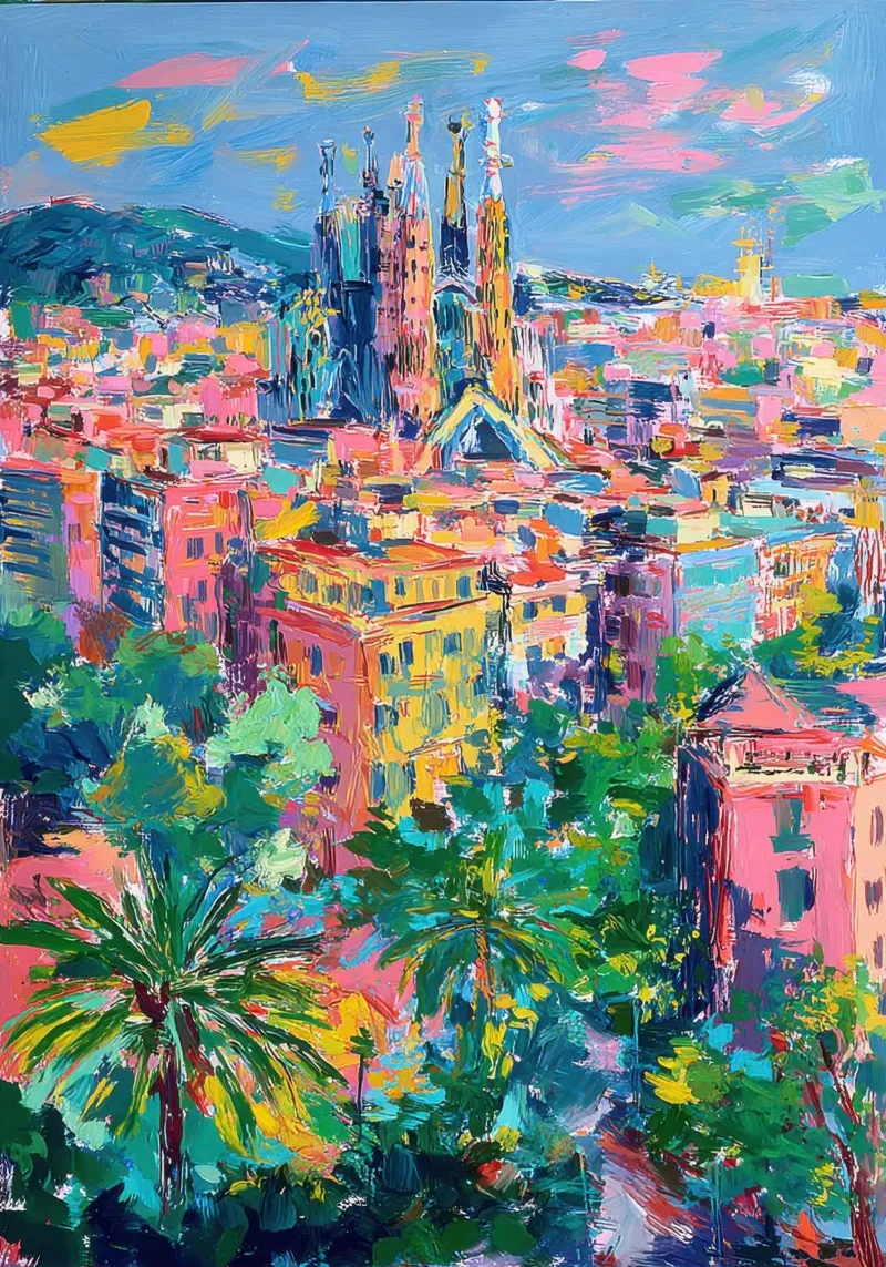 Pittura ad olio dello skyline di Barcellona tela con Cornice a cassetta da Nikis Art Studio