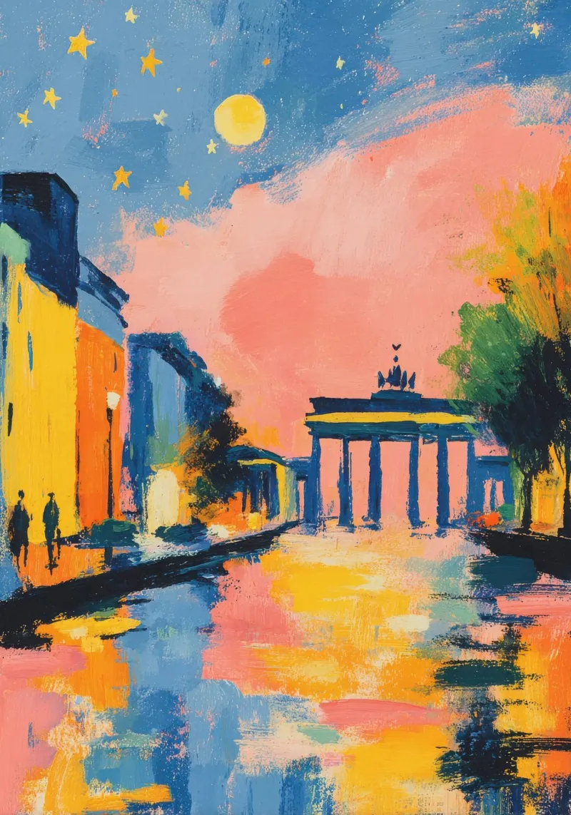 Porta di Brandeburgo notte stile Matisse poster con telaio in alluminio da Nikis Art Studio