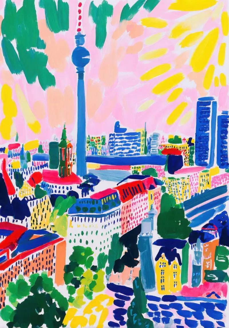 Skyline di Berlino Gouache Stile Matisse tela con Cornice a cassetta da Nikis Art Studio