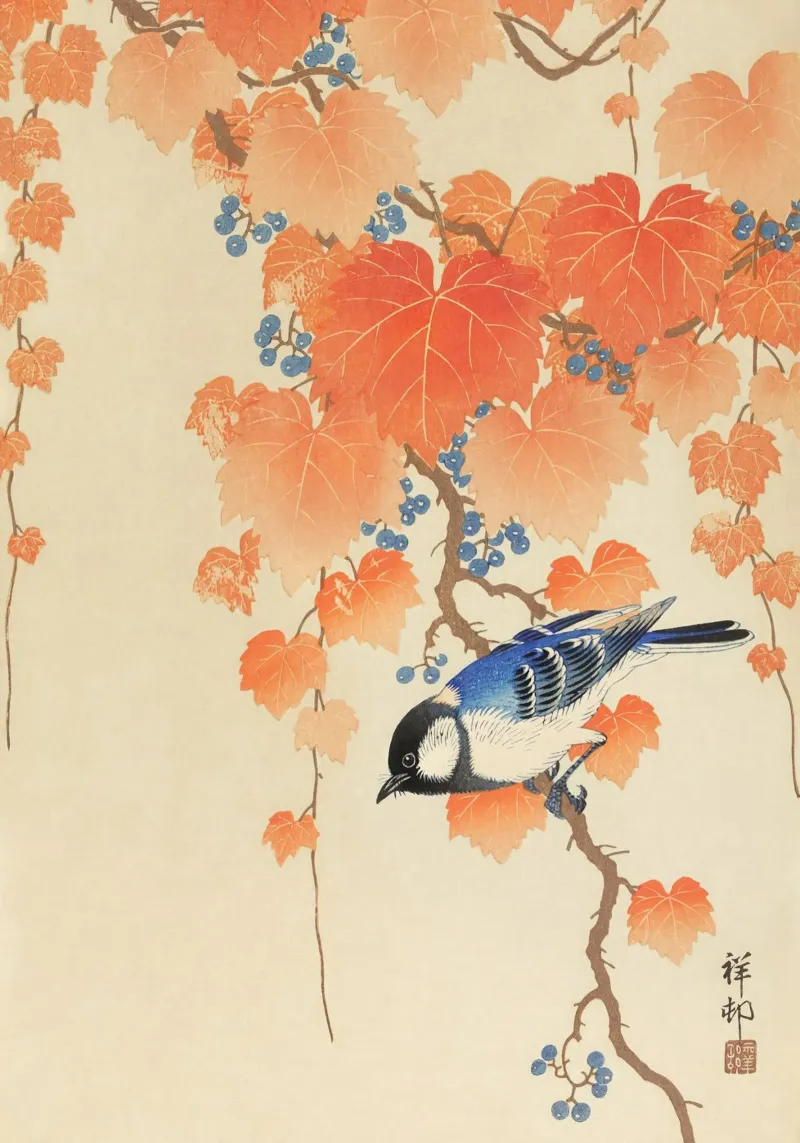 Ohara Koson - Cinciallegra sul ramo di Paulownia poster con telaio in legno da Retrorise