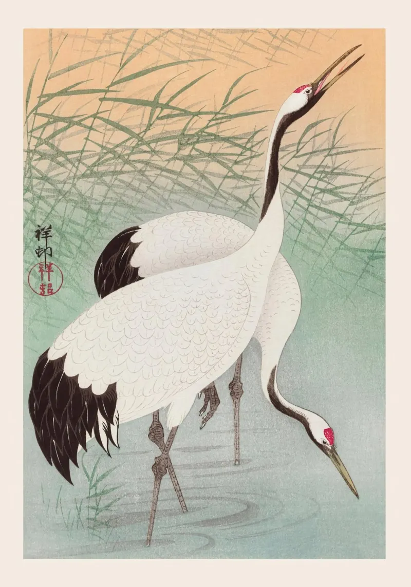 Ohara Koson - Twee kraanvogels canvas met Baklijst van Retrorise