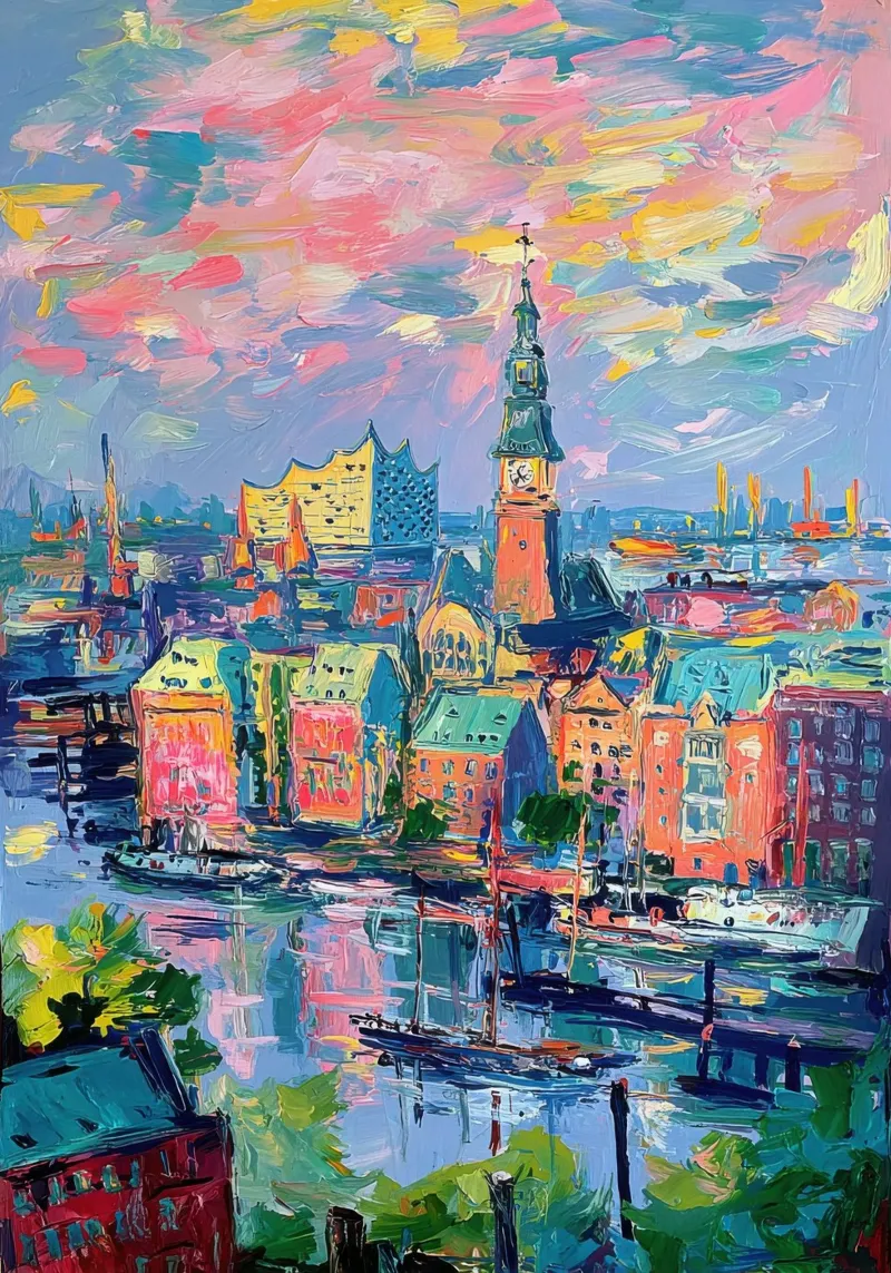 Amburgo Skyline Pittura ad olio tela con Cornice a cassetta da Nikis Art Studio