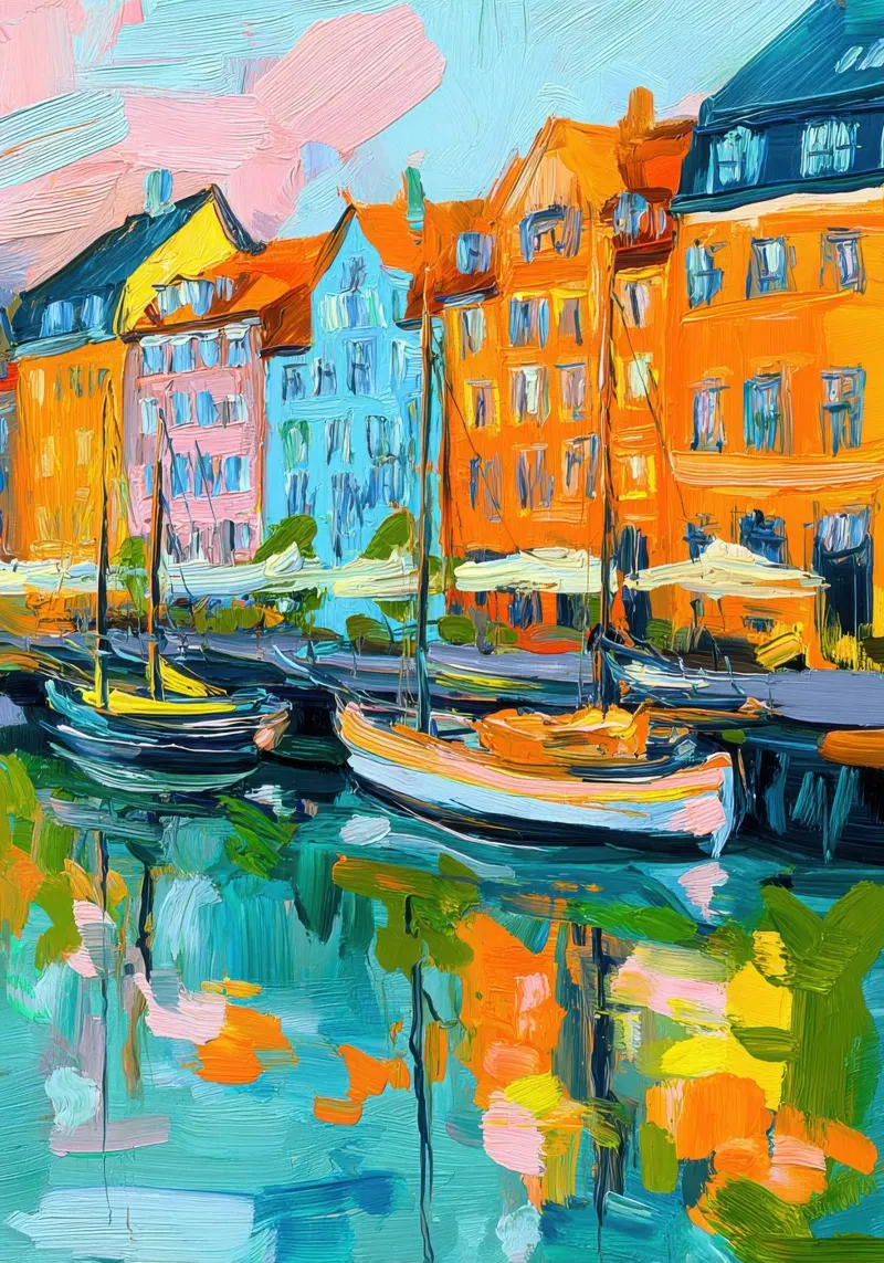 Pittura ad olio del porto di Copenaghen tela con Cornice a cassetta da Nikis Art Studio
