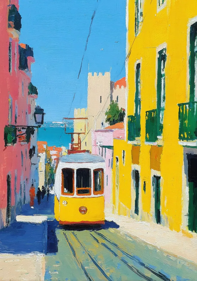 Olio del tram giallo di Lisbona poster con telaio in alluminio da Nikis Art Studio